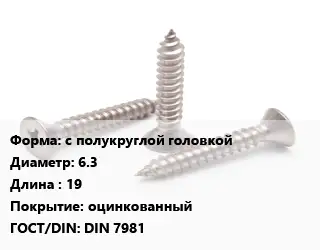 Саморез с полукруглой головкой D=6.3 L=19 оцинкованный ГОСТ: DIN 7981